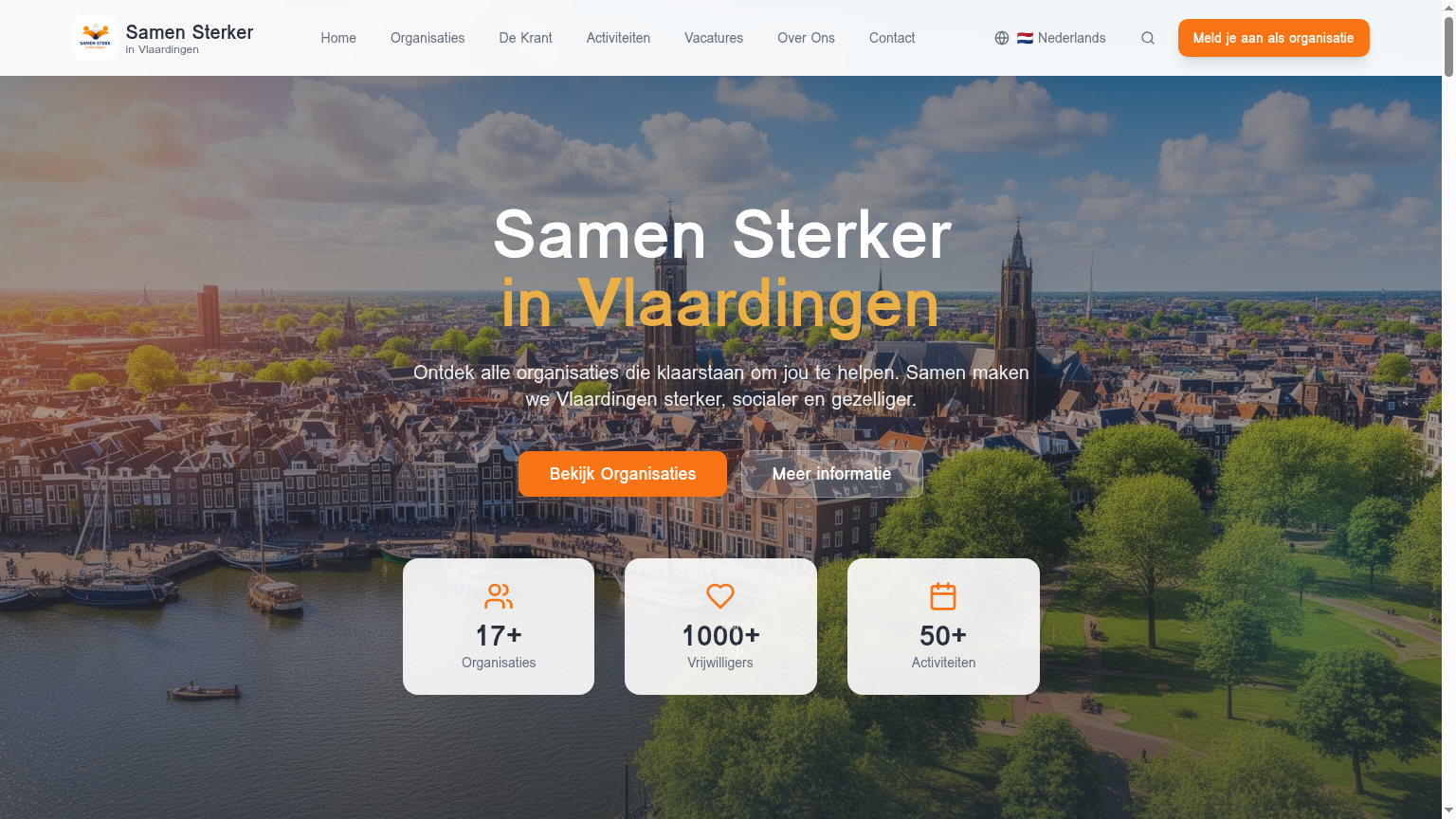 Screenshot van samensterkinvlaardingen.nl met de homepage en hero 'Samen Sterker in Vlaardingen'.