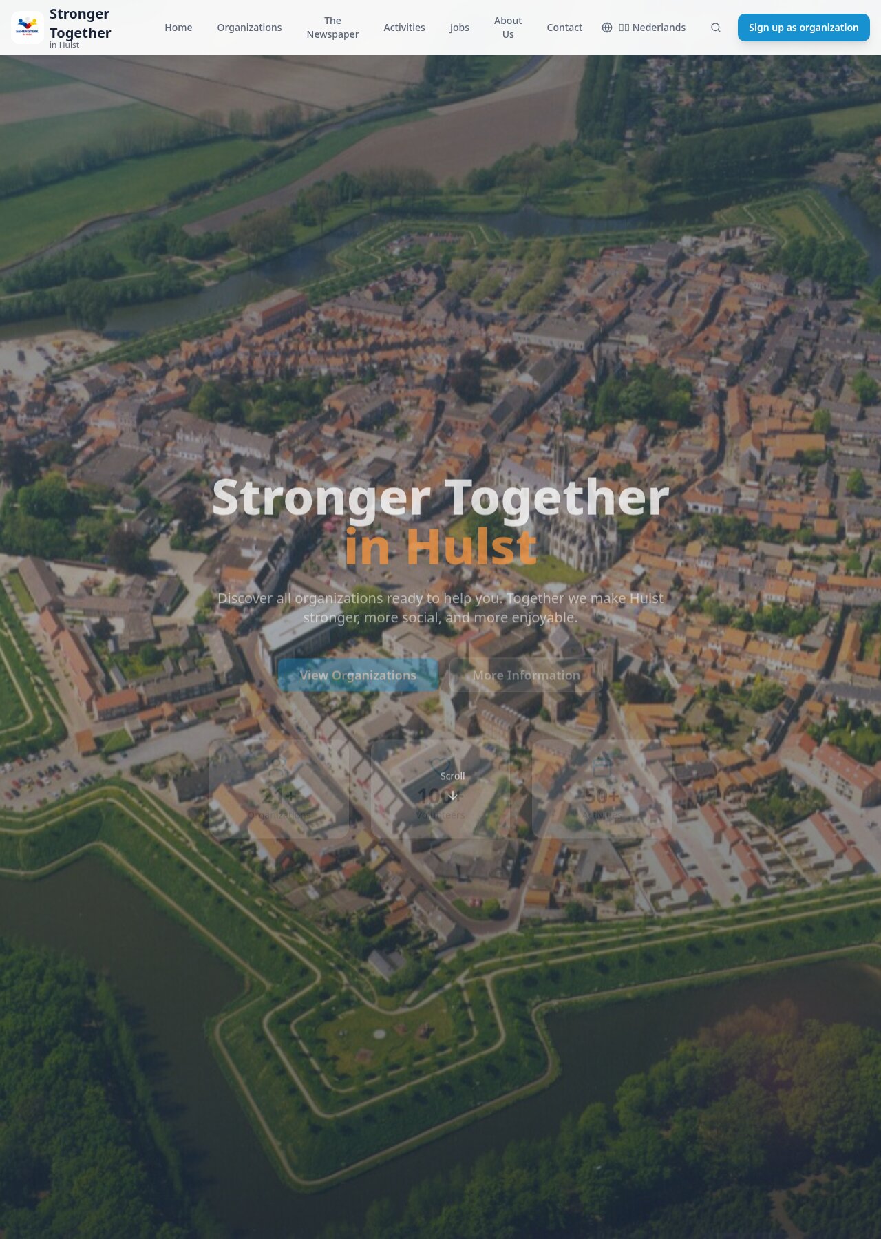Screenshot van samensterkinhulst.nl met organisaties, activiteiten en vacatures in Hulst.